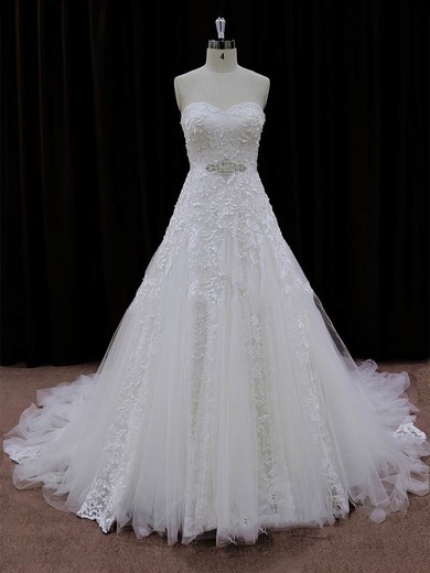 Sweetheart Ivory Lace Tulle Appliques Lace Chapel Train Lace-up Wedding Dresses #LDB00022007
