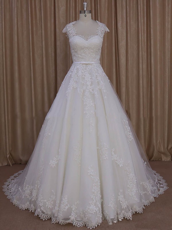 Sweetheart Cap Straps Ivory Tulle with Appliques Lace Court Train Wedding Dress #LDB00022010