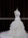 Princess Lace-up Tulle Tiered Chapel Train Ivory Wedding Dresses #LDB00022011