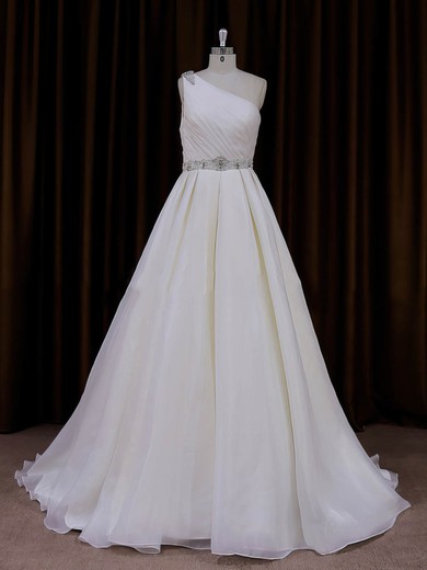 Elegant One Shoulder Organza Beading Ivory Sweep Train Wedding Dress #LDB00022012