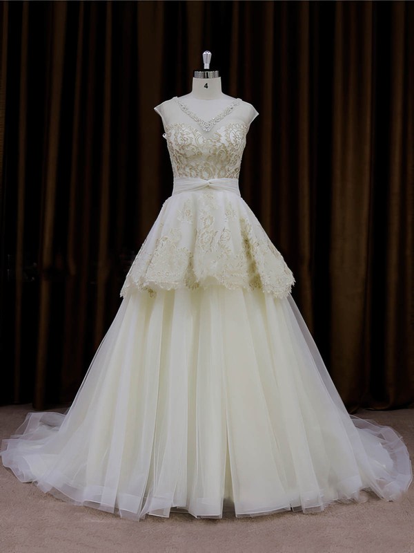 Ivory Princess Tulle Appliques Lace V-neck Simple Wedding Dresses #LDB00022013