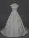 Scoop Neck Ivory Taffeta Appliques Lace Court Train Cap Straps Wedding Dress #LDB00022016