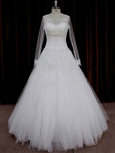 A-line Tulle Appliques Lace Ivory Long Sleeve Chapel Train Wedding Dresses #LDB00022018