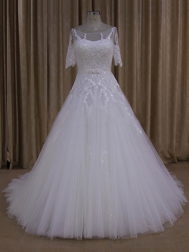 Court Train 1/2 Sleeve Tulle Appliques Lace Ivory Scoop Neck Wedding Dresses #LDB00022019