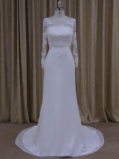 Sheath/Column Long Sleeve Chiffon with Appliques Lace White Scoop Neck Wedding Dresses #LDB00022022