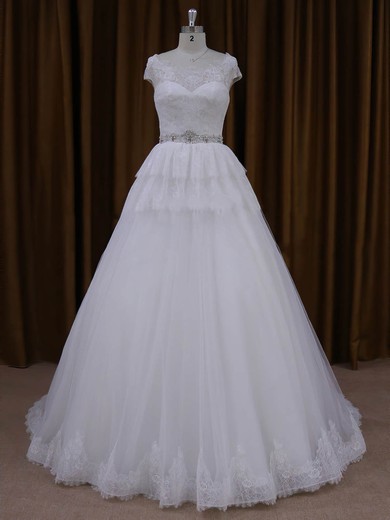 A-line Court Train White Lace Tulle Beading Lace-up Cap Straps Wedding Dresses #LDB00022025