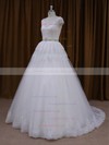 A-line Court Train White Lace Tulle Beading Lace-up Cap Straps Wedding Dresses #LDB00022025