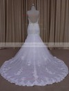 Different Trumpet/Mermaid Ivory Tulle Appliques Lace V-neck Wedding Dress #LDB00022030