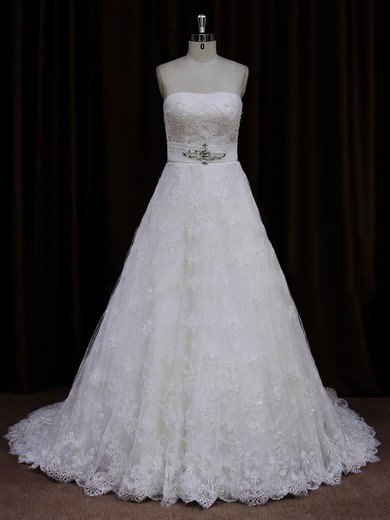 Elegant Strapless Ivory Lace Sashes / Ribbons Sweep Train Wedding Dresses #LDB00022032