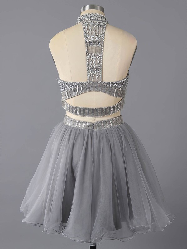 Unique Two Piece Gray Tulle Crystal Detailing High Neck Short Prom Dress #LDB02016369