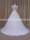 V-neck Beading Court Train Short Sleeve White Satin Tulle Wedding Dresses #LDB00022033
