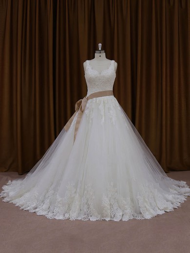 Affordable Ball Gown Ivory Tulle Appliques Lace Chapel Train Wedding Dresses #LDB00022035