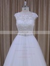 Scoop Neck Tulle Lace Beading Court Train Cap Straps White Wedding Dresses #LDB00022036