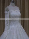 Off-the-shoulder Ivory Tulle Appliques Lace Long Sleeve Chapel Train Wedding Dresses #LDB00022037