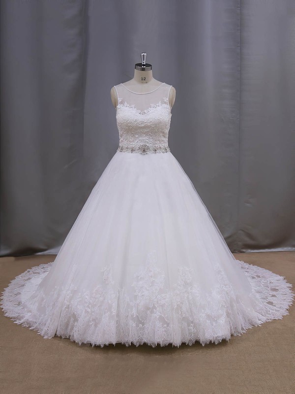 Perfect Ball Gown Ivory Tulle Chapel Train Appliques Lace Wedding Dresses #LDB00022038