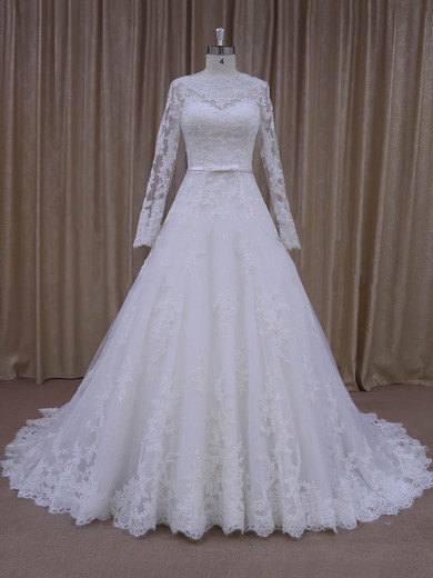 Scalloped Neck Ivory Tulle Long Sleeve Appliques Lace Court Train Wedding Dresses #LDB00022040