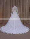 Scalloped Neck Ivory Tulle Long Sleeve Appliques Lace Court Train Wedding Dresses #LDB00022040