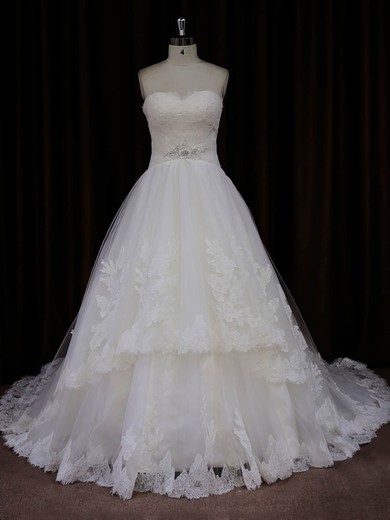 Princess Sweetheart Ivory Tulle Lace-up Appliques Lace Wedding Dresses #LDB00022041