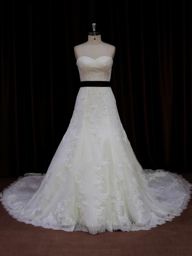 Sweetheart Sashes / Ribbons Ivory Lace Tulle Cathedral Train Exclusive Wedding Dresses #LDB00022042