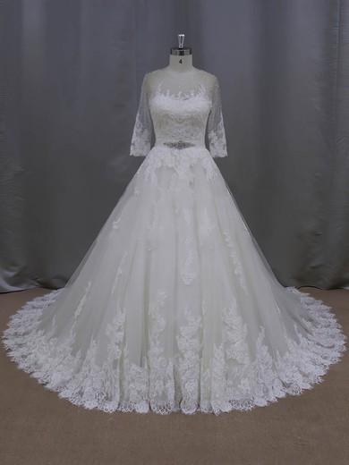 Scoop Neck 3/4 Sleeve Appliques Lace Chapel Train Ivory Tulle Wedding Dresses #LDB00022043