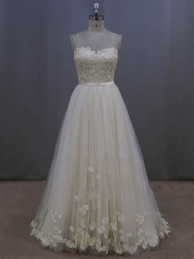 A-line Tulle Appliques Lace Ivory Lace-up Sweep Train Wedding Dresses #LDB00022044