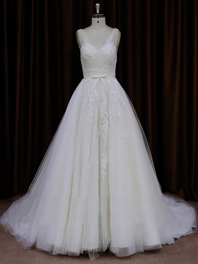 V-neck Ivory Tulle Appliques Lace Chapel Train Hot Wedding Dresses #LDB00022046
