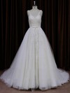 V-neck Ivory Tulle Appliques Lace Chapel Train Hot Wedding Dresses #LDB00022046