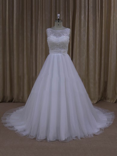 Discounted Scoop Neck Tulle Court Train Appliques Lace Ivory Wedding Dresses #LDB00022048