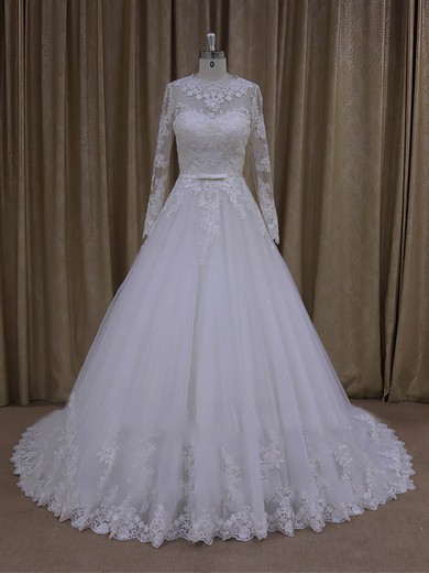 Chapel Train Scoop Neck Tulle Long Sleeve Appliques Lace Ivory Wedding Dresses #LDB00022050