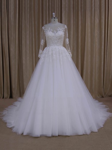 Princes Long Sleeve Appliques Lace Court Train Ivory Tulle Wedding Dresses #LDB00022051