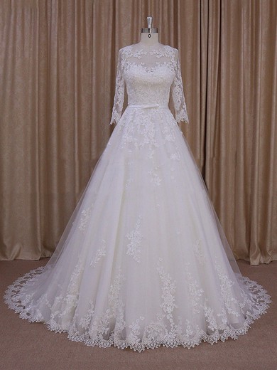 Ivory Tulle Appliques Lace Long Sleeve Chapel Train Scoop Neck Wedding Dresses #LDB00022052
