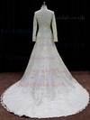 High Neck Satin Tulle Appliques Lace Court Train Ivory Long Sleeve Wedding Dresses #LDB00022060
