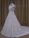 A-line Ivory Lace Ruffles Cap Straps Chapel Train Wedding Dresses #LDB00022061