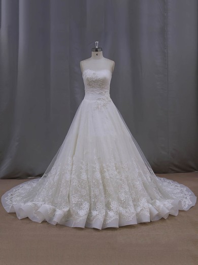 Strapless Pearl Detailing Chapel Train Lace-up Ivory Lace Tulle Wedding Dresses #LDB00022063