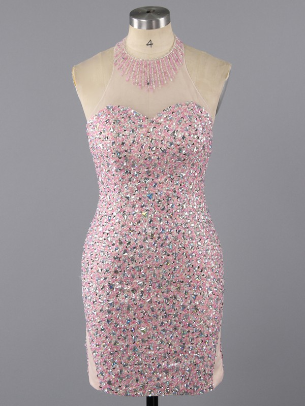 Girls Sheath/Column Halter Tulle Crystal Detailing Backless Short Prom Dress #LDB02016376