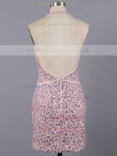 Girls Sheath/Column Halter Tulle Crystal Detailing Backless Short Prom Dress #LDB02016376