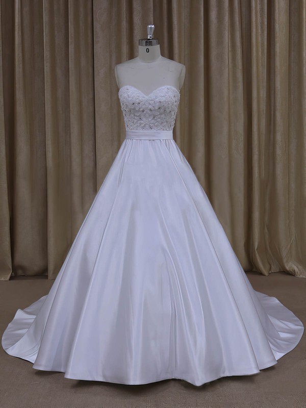 Sweetheart Beading Court Train White Satin Discount Wedding Dresses #LDB00022068