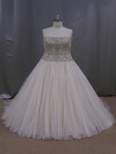 Sweetheart Crystal Detailing Court Train Lace-up Champagne Tulle Wedding Dresses #LDB00022069