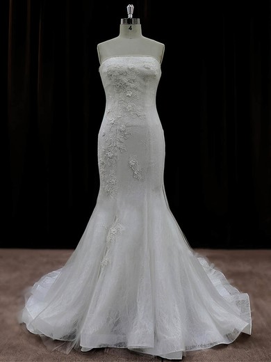 Strapless Appliques Lace Trumpet/Mermaid Ivory Tulle Online Wedding Dresses #LDB00022074