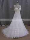 V-neck Ivory Tulle Pearl Detailing Court Train Affordable Wedding Dresses #LDB00022077