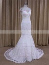 Scoop Neck White Tulle Appliques Lace Cap Straps Court Train Wedding Dresses #LDB00022080