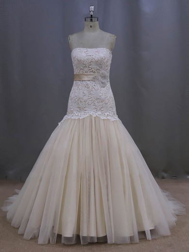Strapless Sashes / Ribbons Lace-up Court Train Champagne Lace Tulle Wedding Dresses #LDB00022082