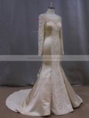 Trumpet/Mermaid Scoop Neck Beading Long Sleeve Champagne Lace Satin Wedding Dresses #LDB00022083