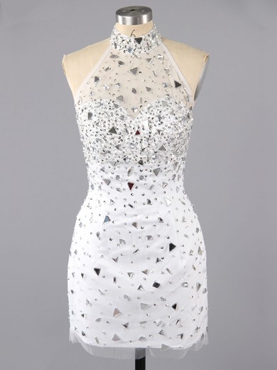 Sheath/Column Affordable White Tulle Crystal Detailing High Neck Short Prom Dress #LDB02016380