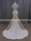 Perfect Off-the-shoulder Bow Court Train Champagne Lace Satin Wedding Dresses #LDB00022087