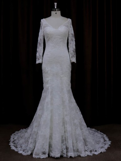 Trumpet/Mermaid Long Sleeve V-neck Lace Sequins Ivory Wedding Dresses #LDB00022089