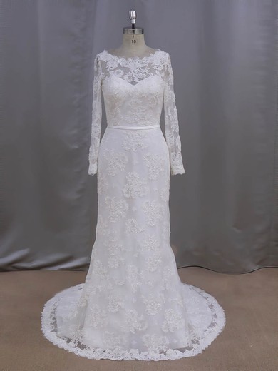 Sheath/Column Ivory Lace Sequins Court Train Long Sleeve Wedding Dresses #LDB00022090