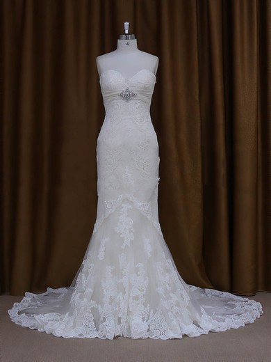 Sweetheart Ivory Lace Tulle Lace-up Beading Chapel Train Wedding Dresses #LDB00022091