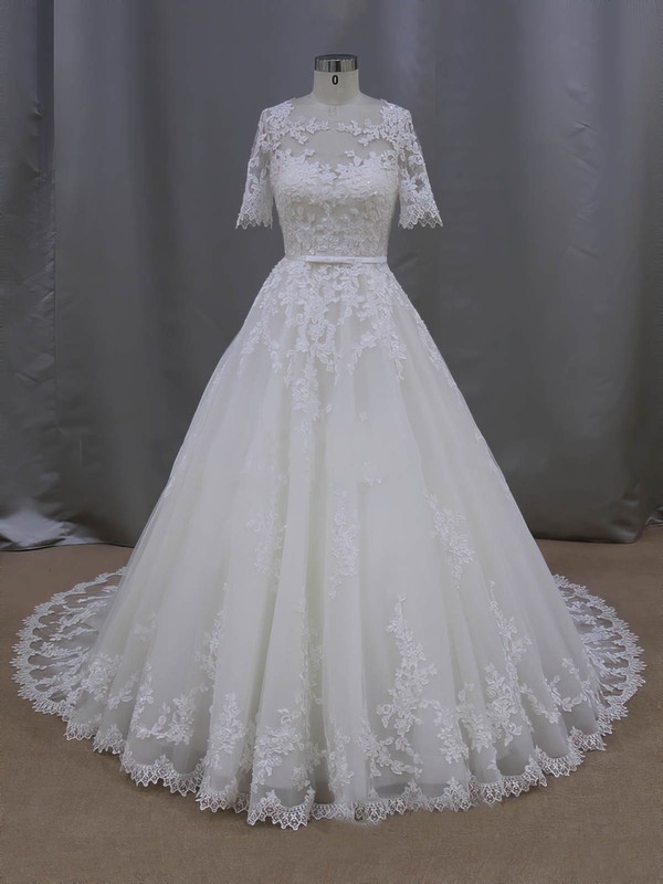 Ball Gown Scoop Neck Tulle Appliques Lace 1/2 Sleeve Ivory Wedding Dresses #LDB00022093