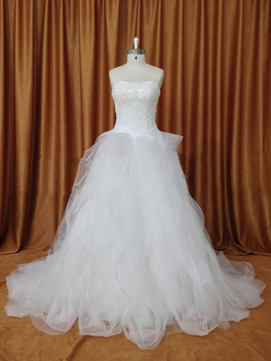 Strapless Appliques Lace Chapel Train Ivory Tulle Boutique Wedding Dresses #LDB00022094